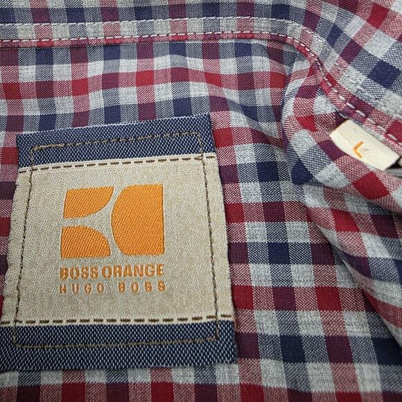 Hugo Boss Shirt Men Large Check Boss Orange Roll Tab Sleeve Casual Cotton Preppy - Picture 2 of 16